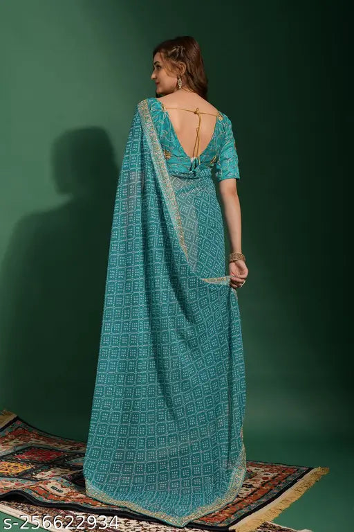 Bandhani printed chiffon saree with embroidered border and blouse, vibrant Indian tie-dye style