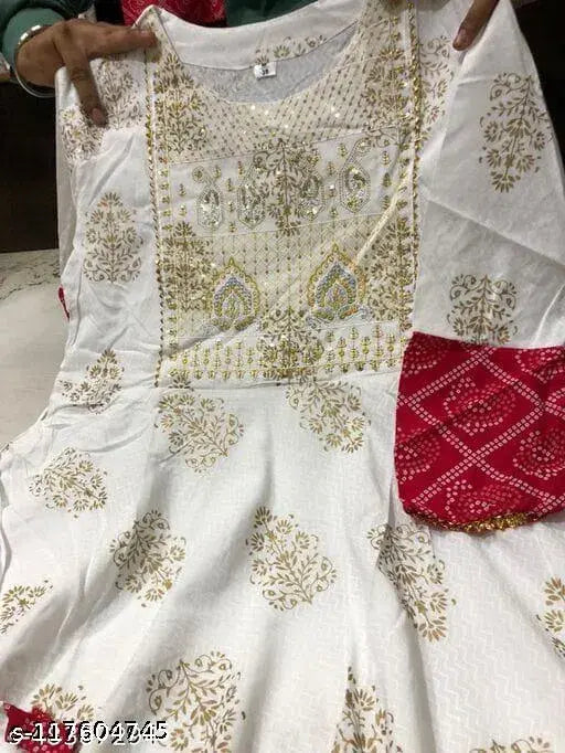 Superior white rayon embroidered anarkali kurti with three-quarter sleeves - Indian festival wear