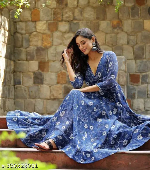Trendy floral print rayon anarkali kurta for women, three-quarter sleeves, size M-4XL. Vibrant, youthful, and comfortable Indian fashion wear