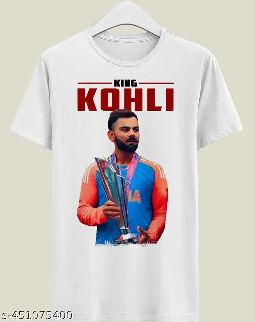Virat Kohli T-shirt set, polyester blend, printed designs for men on display