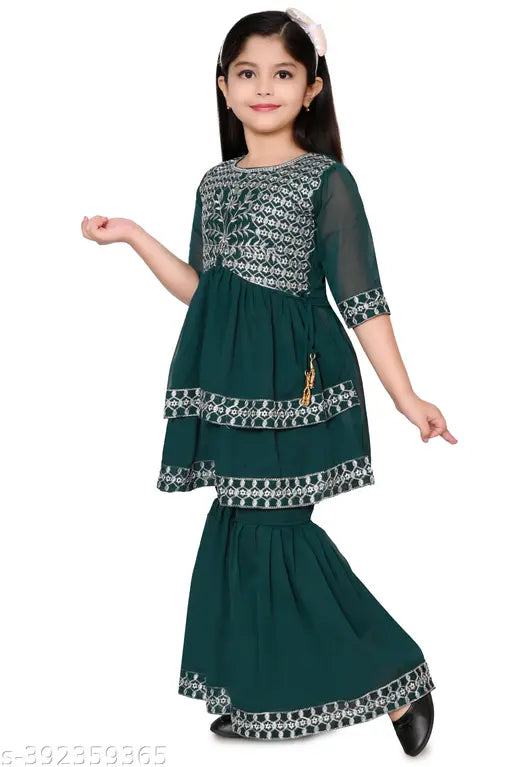 Cotton silk TOP & BOTTOM SET, embroidered palazzos for kids (4-11 years), Indian fancy dresses on display