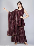 Womans hand block print rayon kurta, hip length sleeveless flared design with matching dupatta