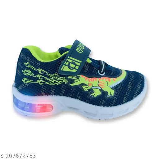 Colorful kids sneakers with light up design, featuring a dinosaur motif