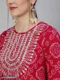 Red embroidered chiffon anarkali gown with dupatta & pant by Amaira Fashion, rayon fabric, three-quarter sleeves
