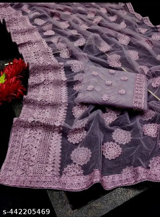 Indian embroidered net saree with separate blouse, free size (length: 5.5m, blouse: 0.8m)