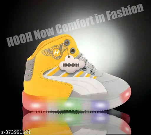 Yellow/grey synthetic leather light shoes for children up to 10 years, featuring velcro fastening and embellished net pattern. Breathable, comfortable kids' shoes, ideal for play and sports