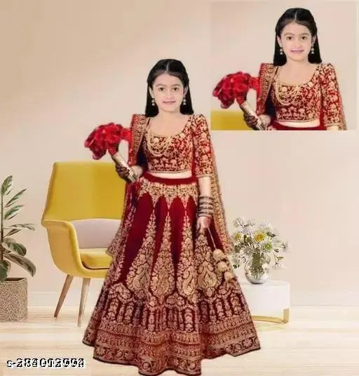 Embroidered velvet LENGHA CHOLI with tissue sleeve, semi-stitched in various kids' sizes, originating from India