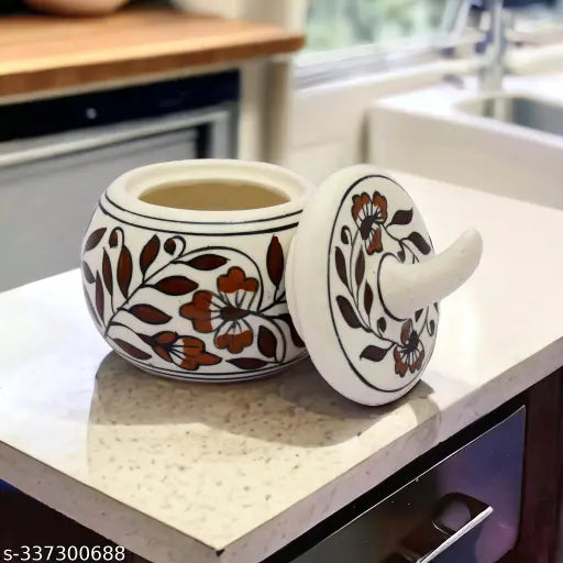 Handcrafted ceramic jar set, hand print design, brown color, ideal for pickles, dining table, family gift
