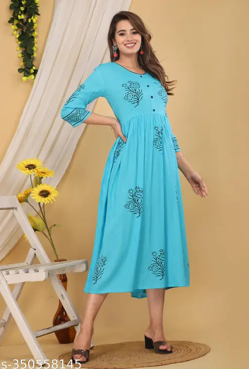 Rayon printed combo three-quarter sleeve kurti, vibrant Indian fashion in sizes M, L, XL, XXL