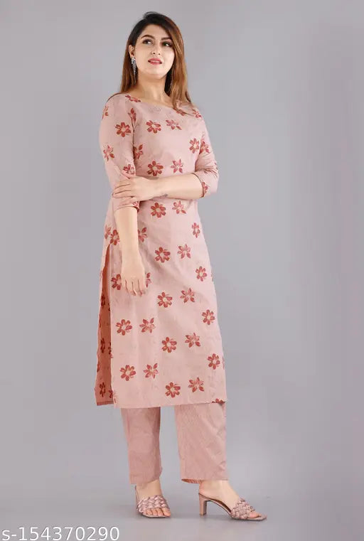 Peach straight cotton women's stitched salwar suit, printed net kurta with pants, perfect for everyday ethnic wear