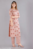 Peach straight cotton women's stitched salwar suit, printed net kurta with pants, perfect for everyday ethnic wear