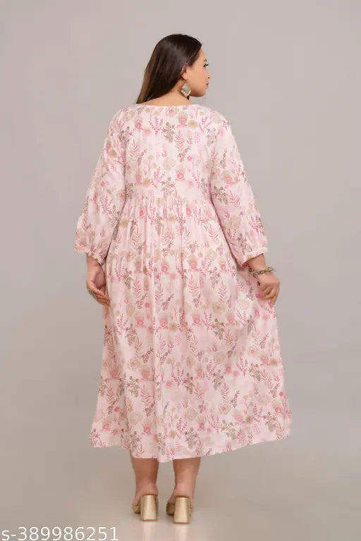 Pink rayon Fashion Zest gown, three-quarter sleeves, printed combo, women's large size wedding & party dress