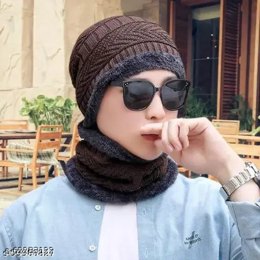 Woolen balaclava cap with fur pattern for men, coffee-barklava design in two sizes from India