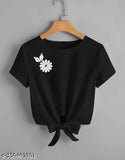 Black Lycra crop top with side flower print for women, short sleeves and fitted body