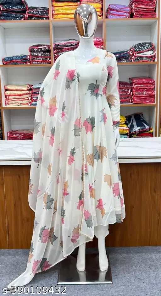 Flower print Georgette long gown with dupatta, no bottomwear. Indian printed net maxi dress on mannequin with long sleeves. Sizes: S, M, L, XL, XXL (36-44in bust, 52in length)