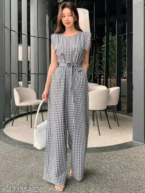 Cotton checked jumpsuit with short sleeves, trendy outfit for women and girls, India origin