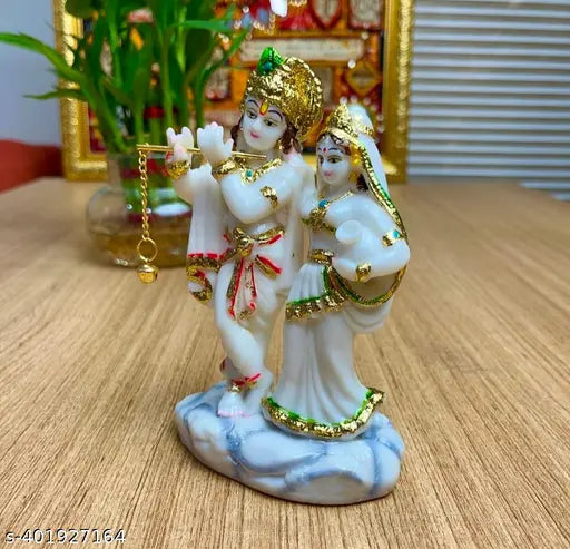 Marble Radha Krishna idol (10cm L x 15.5cm H x 7cm B), hand-painted, Indian spiritual decor accessory for home, office, or temple