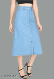 Blue denim A-line skirt, 100% cotton with elasticated waistband and front slit, ideal for casual lite. Made by GENEALO in India (size 28, 30, or 32)