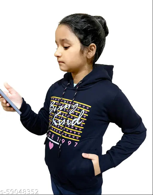 Winter Fleece Girls Hoodie Sweatshirt V7, cotton, long sleeves, printed pattern. Kids winter wear, kids hoodies, kids top, unisex winter wear, sweatshirt for girls. Made with poly-cotton, breathable, safe, stylish design. Size: 2-3Y (Bust 24in, Length 17in), 3-4Y (Bust 26in, Length 18in), 5-6Y (Bust 28in, Length 19in). Origin: India