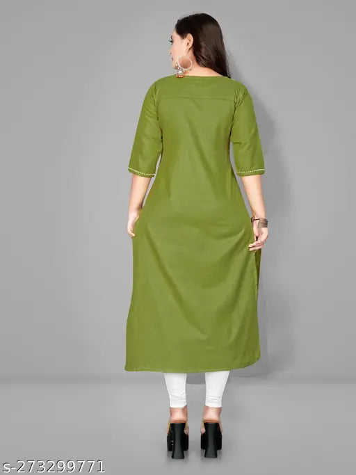 Olive green embroidered cotton kurta with button-down front