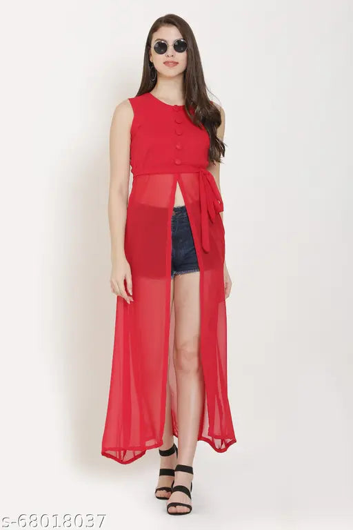 Red sleeveless kurti with open back, women's casual wear