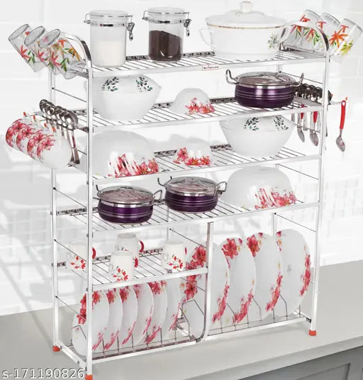 Stainless steel 6-shelf wall-mount kitchen utensils rack. Adjustable plate and cutlery stand. Modular kitchen storage with lower shelf for additional plates