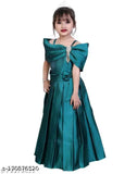 Solid green silk-blend western dress, stylish party gown for girls (3-12 years)