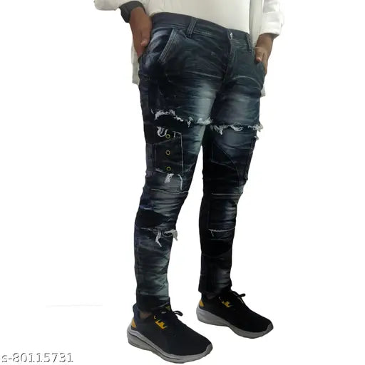 Stylish cotton blend jeans for men, solid color, perfect for everyday life and casual wear. Colors may vary slightly depending on screen brightness. Made in India, sizes available: 28 (Waist 28in, Length 40in, Hip 36in), 30 (Waist 30in, Length 41in, Hip 38in), 32 (Waist 32in, Length 41in, Hip 40in)