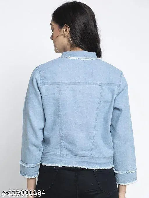 Denim self-design net waistcoat for women, classy and fashionable three-quarter sleeve jacket on hanger, made in India (S: Bust 36in, Length 21in)