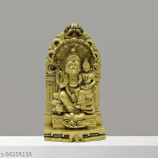 Gold antique finish poly resin statue of Lakshmi Narasimha Saraswathi (95 x 55 x 18 cm), ideal for home decor and spiritual gifting, originating from India