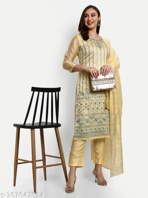 Yellow chanderi straight suit, designer label, embroidered details