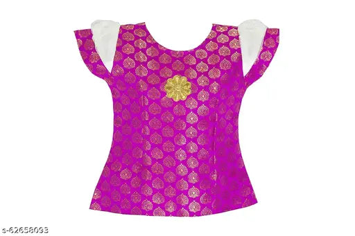 Embroidered chanderi silk Choli with satin lehenga, traditional South Indian outfit for girls, 6-12 months