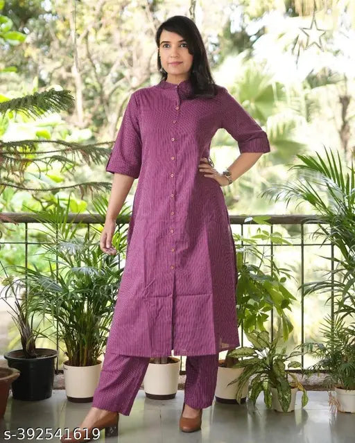 Maroon wine cotton coord set for women, striped kantha stitch work on display