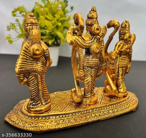 Golden metal idol set: Lord Ram Darbar, Sita, Laxman, Hanuman Murti for home temple Diwali decoration, India origin