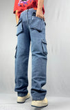 Light blue denim cargo pants with multiple pockets and print detailing