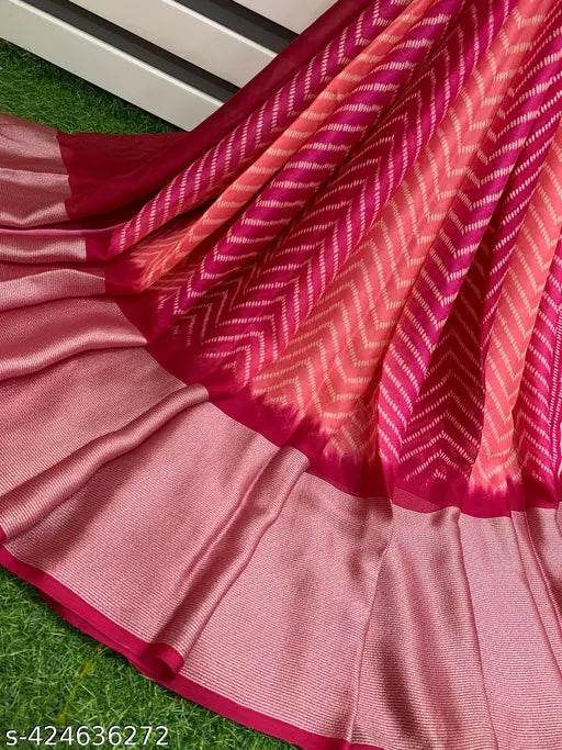 Moss chiffon zigzag print saree with contrast blouse - soft brasso chiffon, leheriya border & pallu, premium quality Indian summer collection