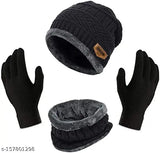 Wooly neck scarf/warmer with touch screen gloves (men & women), solid pattern, dual layers, super thick acrylic knit, warm beanie cap included