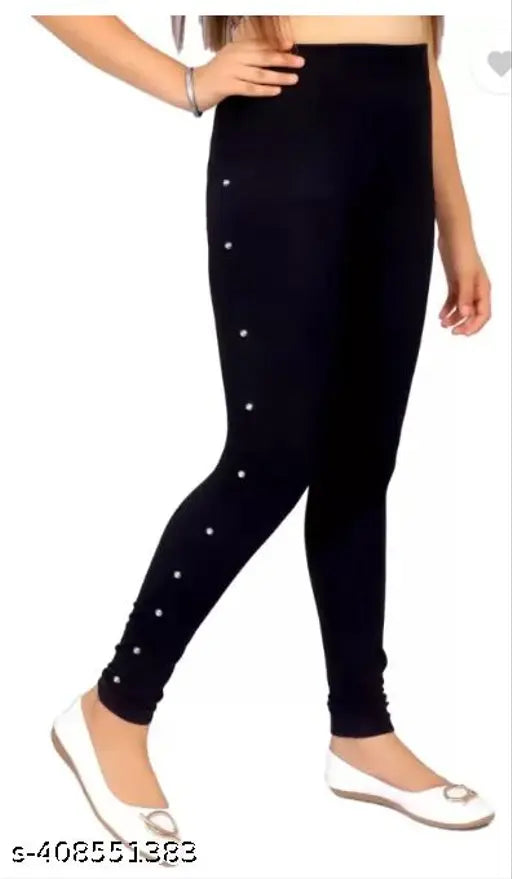 Black cotton blend jeggings - solid embellished design for kids (India)