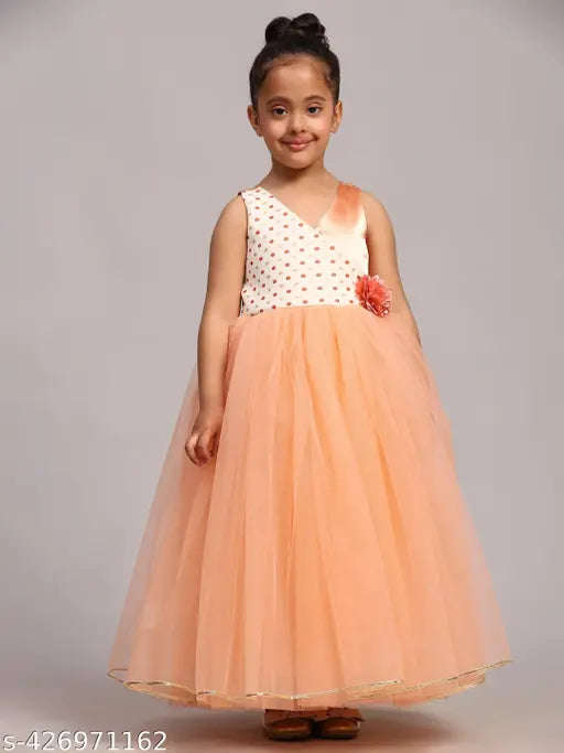 Peach organza party dress for little girls, full length with a sweetheart neckline and sleeves