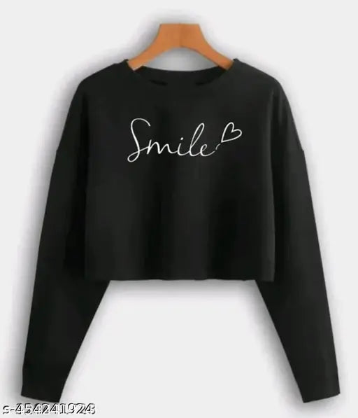 Black cotton blend crop tops with long sleeves and printed net pattern, women's fashion accessory for S, M, L, XL sizes