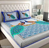 Jaipuri hand block printed cotton bedsheet & 2 pillow covers, peacock pattern, superfine quality, summer-ready, made in India