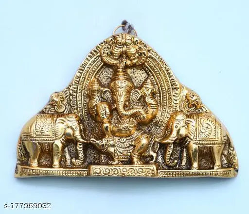 Metal Ganesha statue with elephants, Indian decorative showpiece for wall hanging