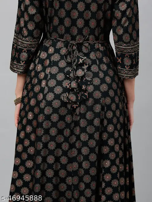 Black Rayon Slub fabric Anarkali with golden print, perfect for ethnic wear and regular outfits