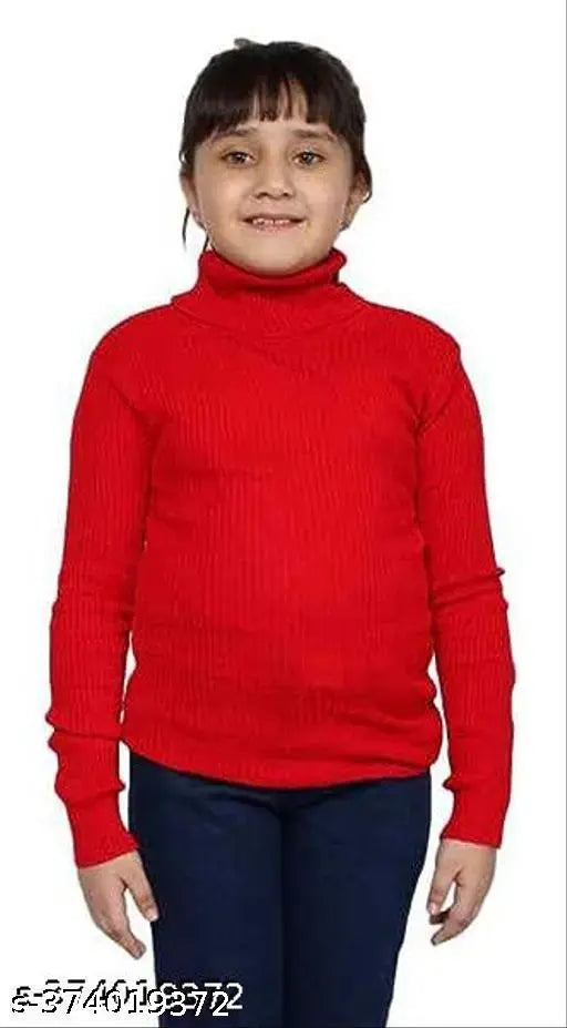 Red woolen high neck kids' full sleeve thermal, warm, and comfortable winter top.