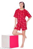 Rose red cotton floral print nightsuit set with top & shorts, lightweight and breathable for women's all-night comfort