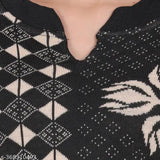 Black woolen women's kurti with embroidered border and lace collar, FUKUSO premium design