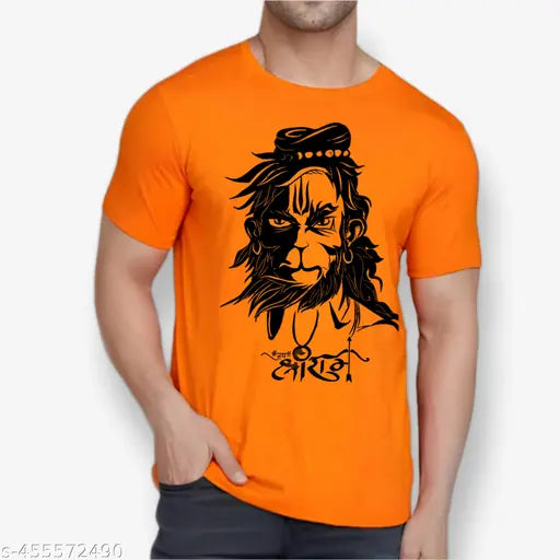 Hanuman Ji Jai Shree Ram orange polyester round neck premium t-shirt for men, featuring bold graphic print and quick-drying technology