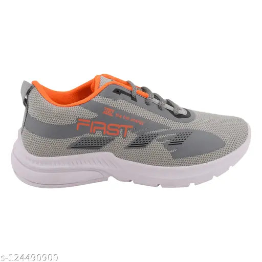 Grey and orange Elecant laceup sports running shoes with a race design, suitable for kids' athletic wear
