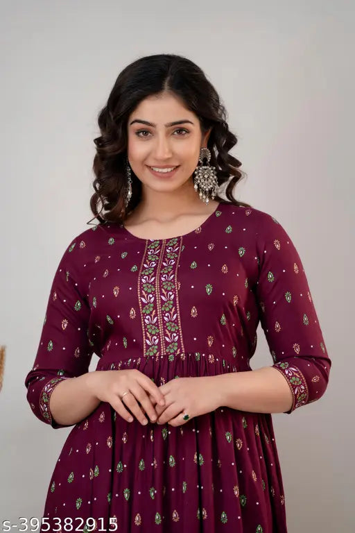 Women's Rayon Printed Anarkali Kurta in Wine, Firozi, Turkish - 3/4 Sleeve, Calf Length, Round Neck, Comfortable & Breathable, Formal/Casual wear, available in S-XXXL sizes
