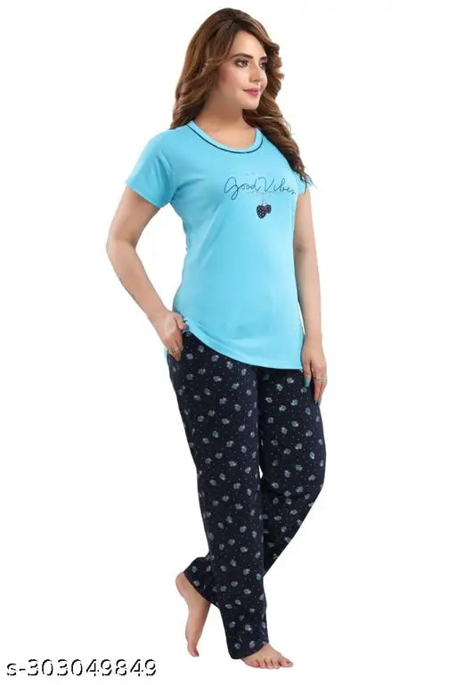 Sky Blue women's cotton nightsuit set with printed half-sleeve T-shirt and pajama pants, suitable for various occasions like casual wear, sleepwear, yoga, vacation, or beach wear. Made in India
